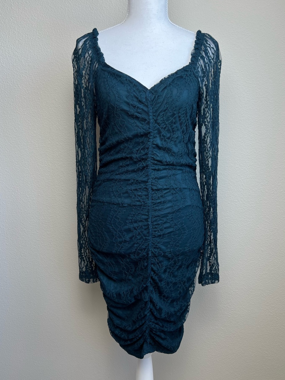 Y2K Witchy Lace Ruched Mini Dress Dark Teal Coquette Fairycore Romantic Goth L